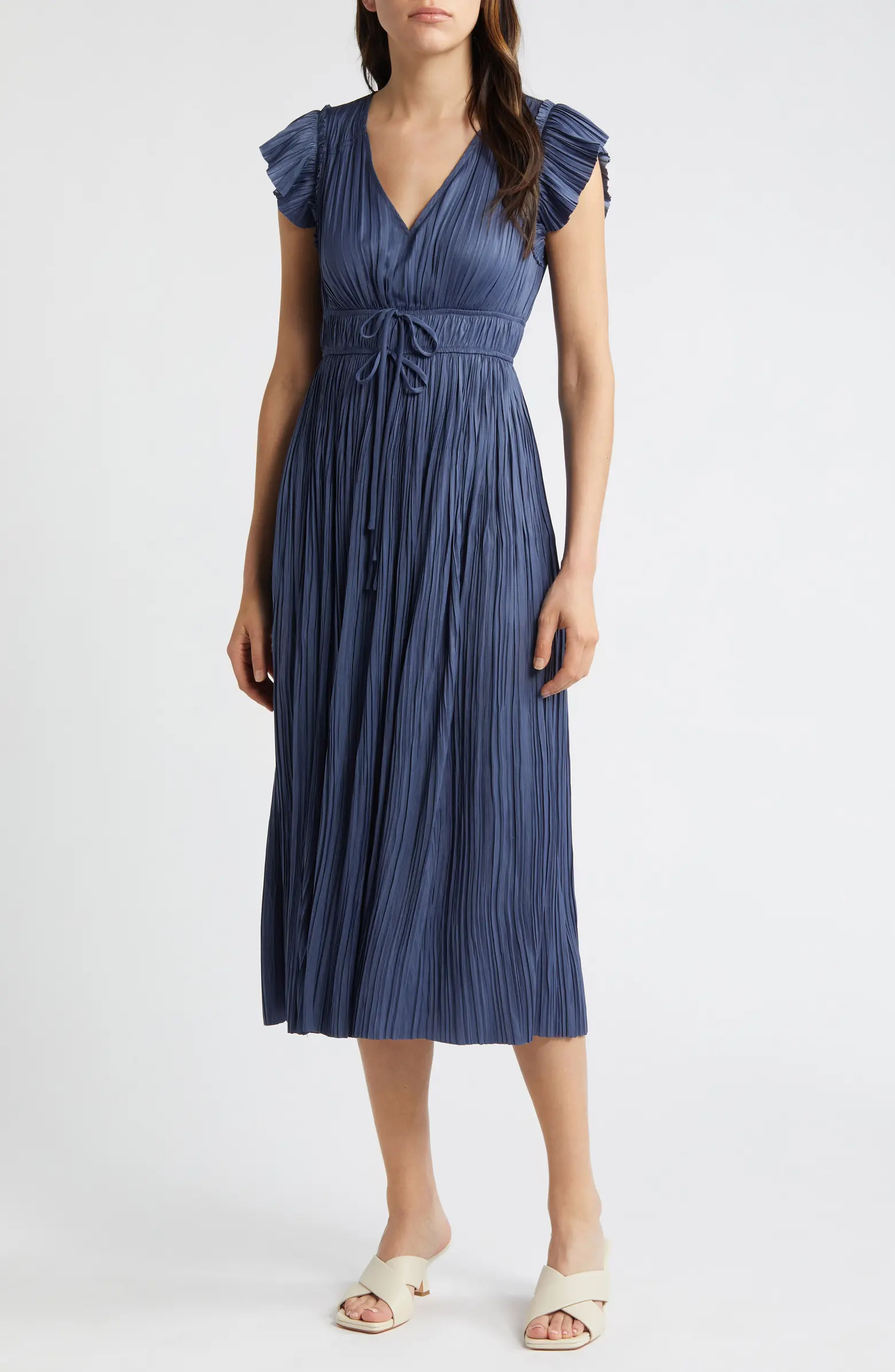 MOON RIVER Pleated Tie Waist Midi Dress | Nordstrom | Nordstrom