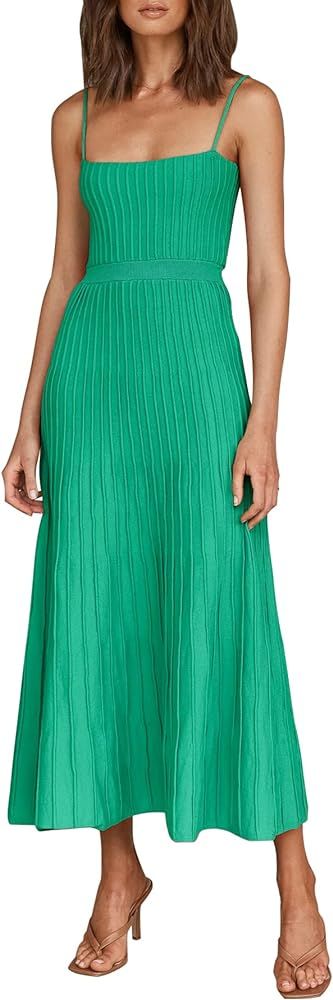 Fazortev Womens Casual Ribbed Knit Square Neck Long Cami Dress Sexy A Line Sleeveless Spaghetti S... | Amazon (US)