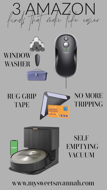 3 Amazon finds that make life easier. 

Self cleaning window washer. We have windows that are hard to reach and this saves us money on hiring it out.

This robot self emptying vacuum is a must have! Especially with pets, it stores up to 60 days worth of dirt, programmable, and connects to your phone. It doesn’t get stuck and recognizes objects not to pick up. 

This rug grip tape has saved me the headache of re-positioning rugs that shift on the hardwood floors. It’s safe to use, and just makes life that much easier, and safer! No tripping over rug edges! 

#LTKGiftGuide #LTKsalealert #LTKhome