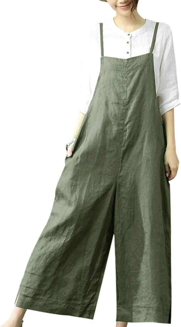 Women Casual Loose Long Bib Pants Wide Leg Jumpsuits Baggy Cotton Rompers Overalls with Pockets P... | Amazon (US)
