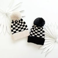 Black & White Checkered Hat Beanie + Puff Pom | Etsy (US)