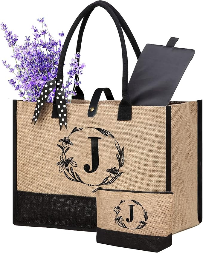 Initial Beach Bag for Women with Makeup Bag, Jute Tote Bag for Beach Accessories with Inner Pocke... | Amazon (US)