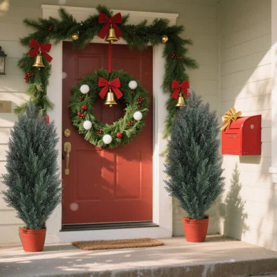 Topiary Trees Artificial Outdoor 2 Pack â€“ UV Resistant Faux Cedar Pine Cypress Bushes and Shrubs, Fake Potted Plants for Front Porch Outside Planter | Wayfair North America