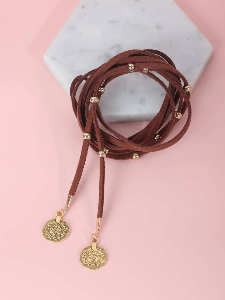 1pc Boho Long Leather Necklace Black Leather Wrap Choker Necklace Vintage Disc Coin Necklace Vagan Suede Necklace Chain Jewelry For Women And Girls | SHEIN