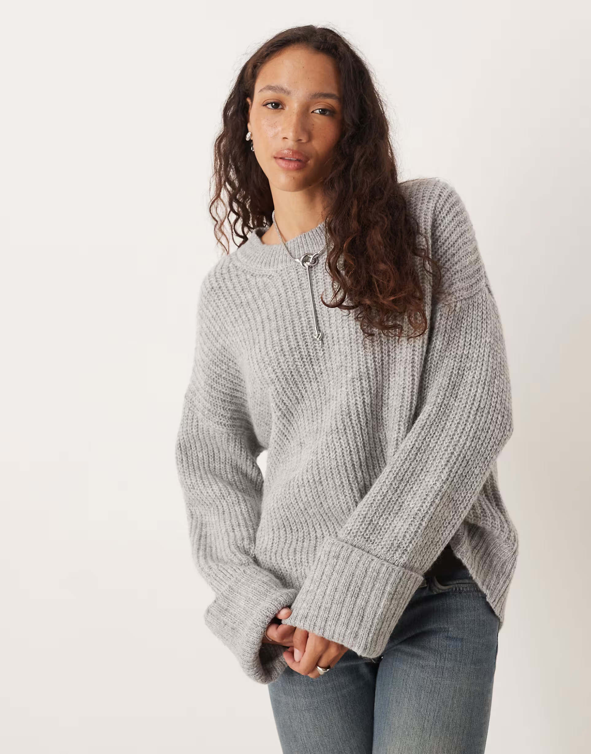 JJXX oversized sweater with fold-up sleeves in light gray | ASOS (Global)
