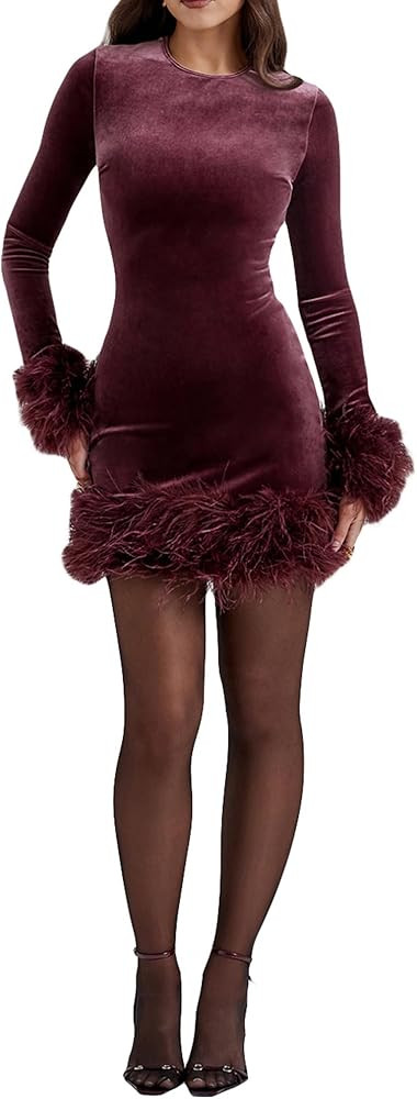 Women Feather Trim Boydcon Mini Dress Long Sleeve Crew Neck Velvet Dress Slim Fit Evening Party D... | Amazon (US)