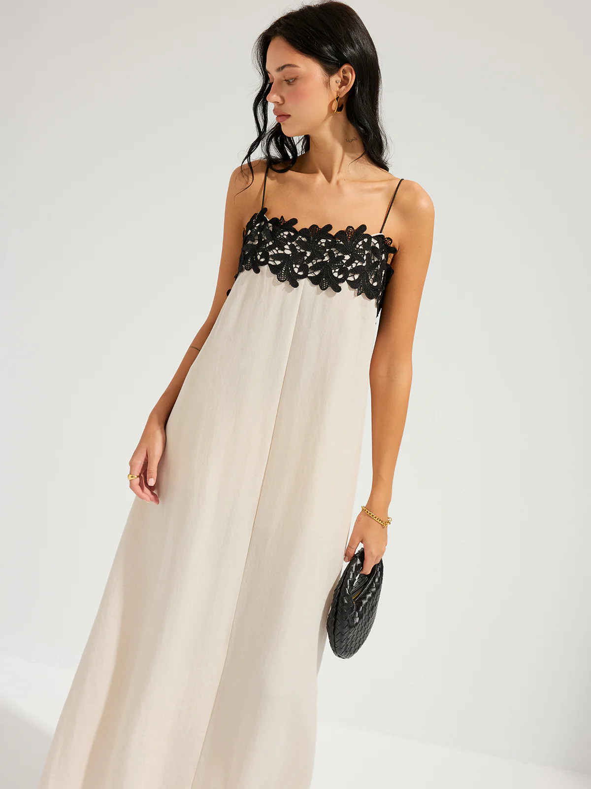 Lace Trim Linen-Blend Cami Maxi Dress | Commense