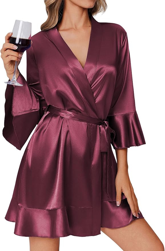 Ekouaer Women's Satin Robe Short Ruffle Hem Silky Robes Lightweight Kimono Brides Bathrobes Sleep... | Amazon (US)