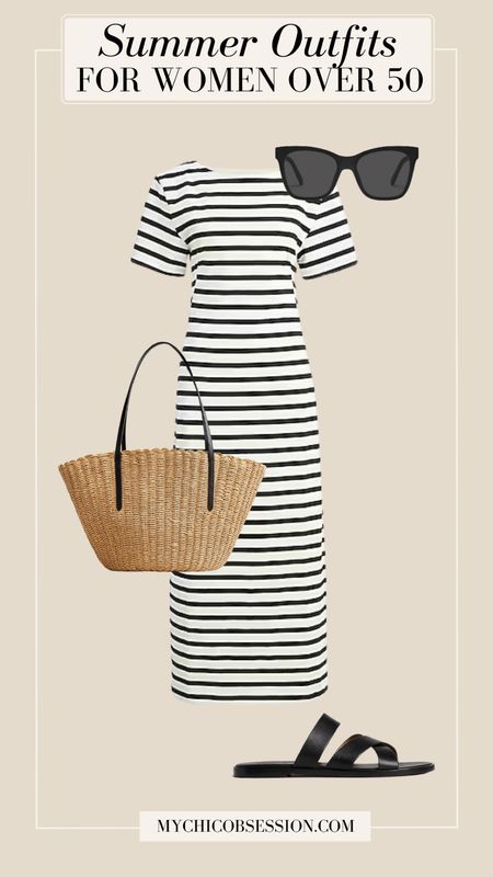A classic striped dress is perfect for summer. This midi length is flattering on many body types and comfortable for a variety of summer activities. Pair it with a basket tote, sunglasses and sandals.

#LTKover40 #LTKstyletip #LTKSeasonal