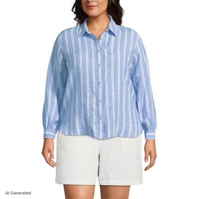Lands' End Women's Plus Size Linen Long Sleeve Feminine Shirt - 1x - Clear Blue Sky Double Stripe | Target