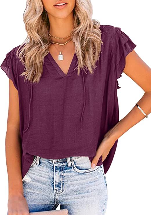 DOROSE Womens V Neck Ruffle Tops Casual Sleeveless Shirts Tank Top | Amazon (US)