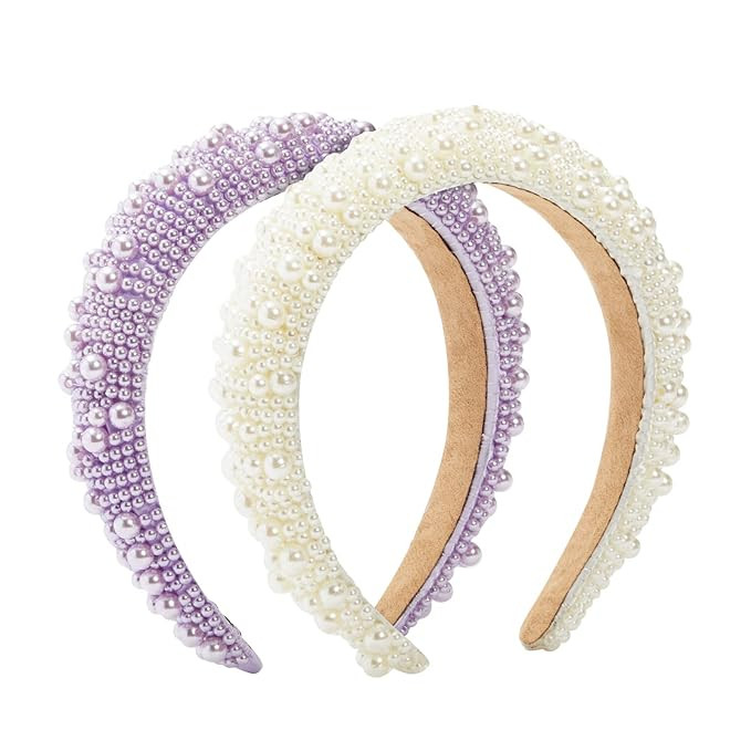 2 Pack Crystal Headbands for Women, Padded Pearl Headband (Lavender, White) | Amazon (US)