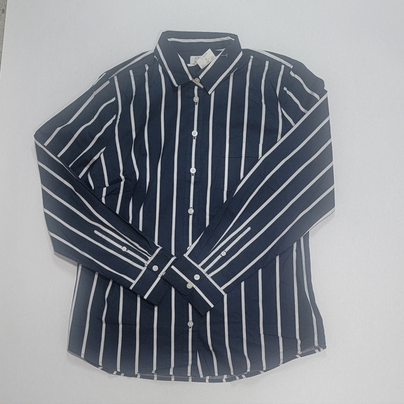 J Crew Factory Navy and White Striped Women's Button-Down Shirt Size L NWT | Poshmark