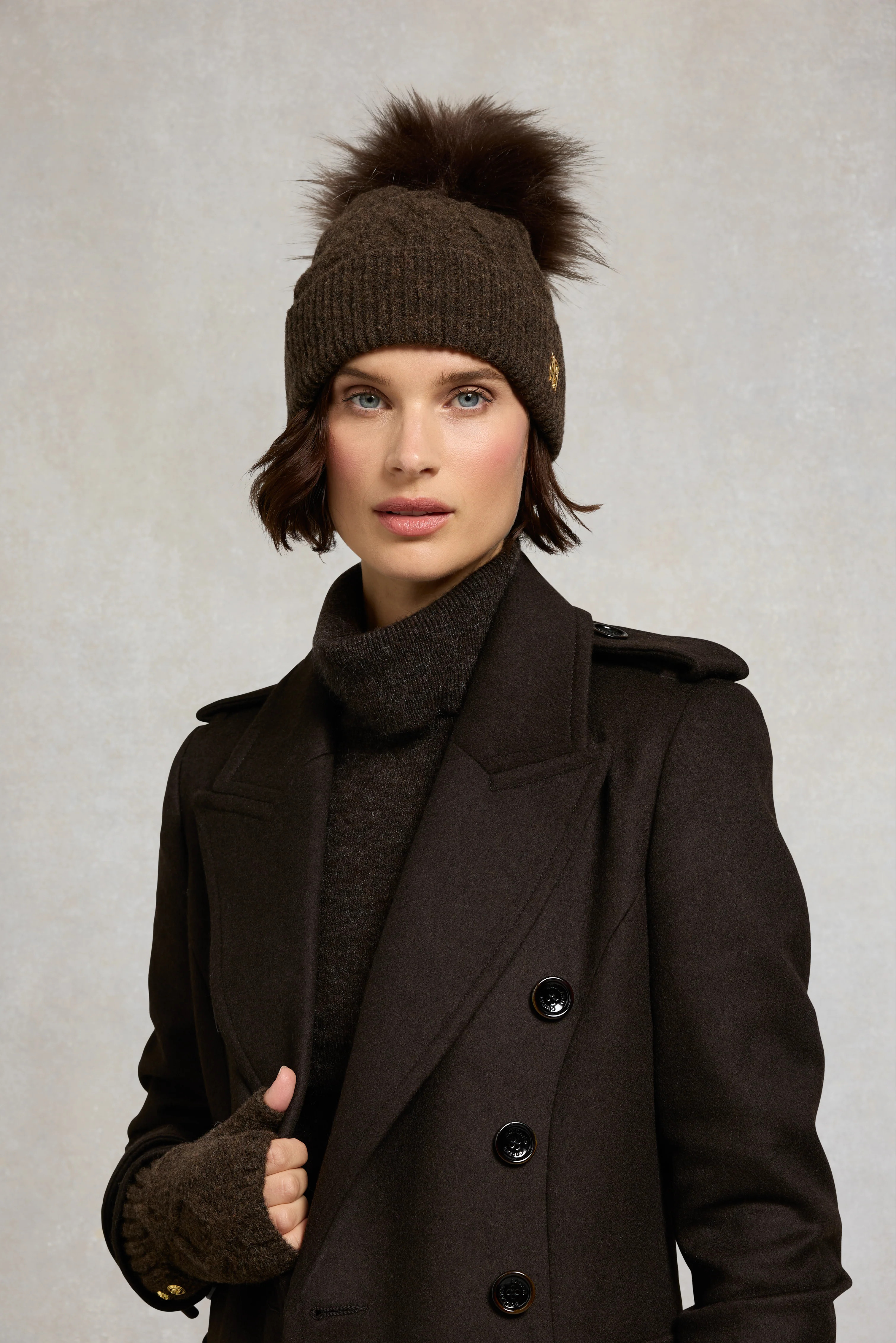 Sloane Cable Bobble Hat (Chocolate) | Holland Cooper