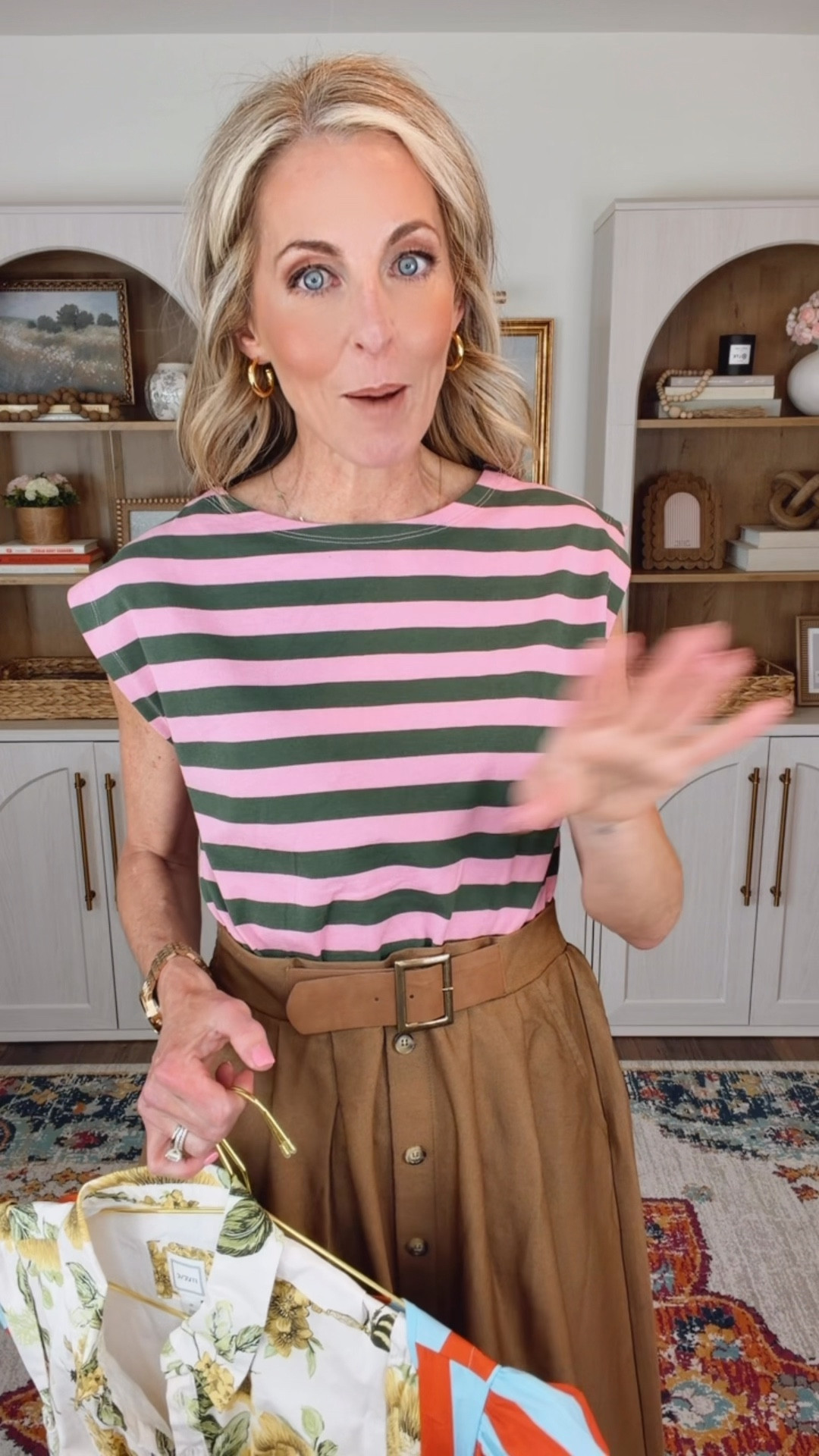 Sometimes you just have to get in, girl… because I was completely influenced by a sweet friend and honestly, I’m not even mad about it. 

This Anthropologie striped twofer dress immediately caught my eye with the structured striped top paired with that flattering belted brown midi skirt. It’s one of those effortless one-and-done pieces that looks styled without even trying and feels perfect for spring events, work, or dressing up different ways. 