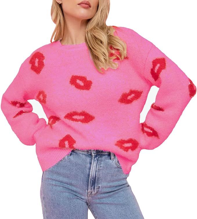 Virmoku Valentines Heart Sweater For Women Lip Valentines Gifts For Her Cute Lips Lo... | Amazon (US)