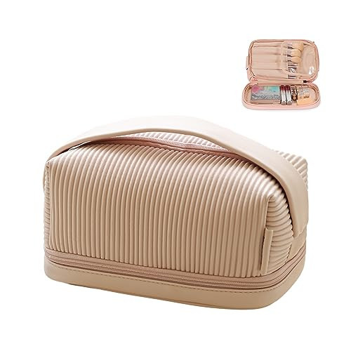 BAKLUCK Travel Large Capacity Makeup Bag for Women, Double Layer Makeup Bag Cream PU Leather Toast Cosmetic Bag with Makeup Brush Compartments for Travel Portable Pink Makeup Bag | Amazon (US)