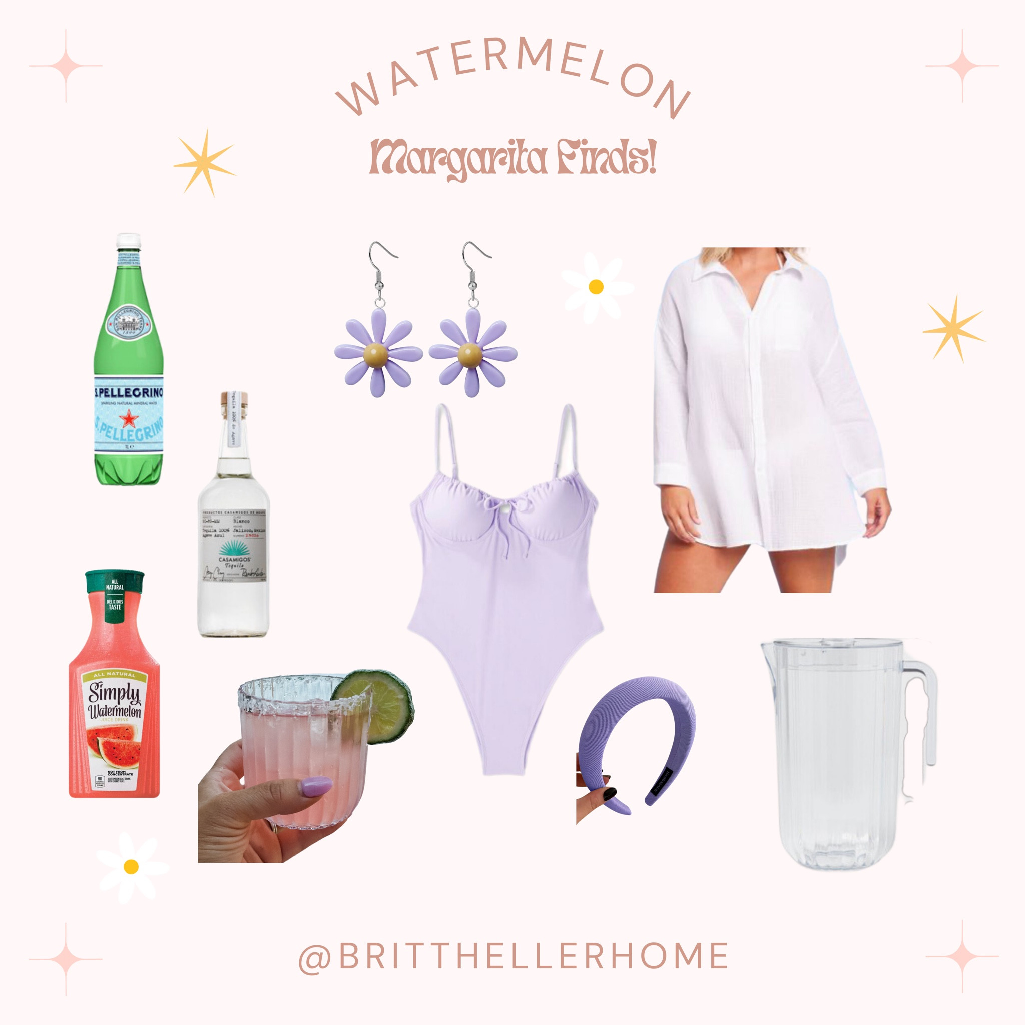 Watermelon margarita pitcher and glasses + purple bathing suit and daisy earrings! So bright and fun!