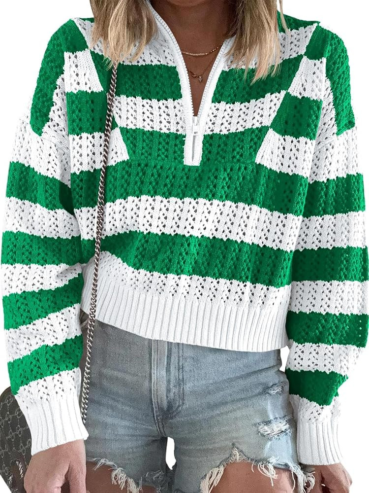 Saodimallsu Womens Striped Crochet Sweaters Half Zip Cropped V Neck Color Block Loose Knit Pullov... | Amazon (US)