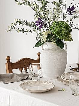 White Ceramic Vase with Handles, 9.5" Large Farmhouse Flower Vase - Rustic Centerpiece for Living... | Amazon (US)