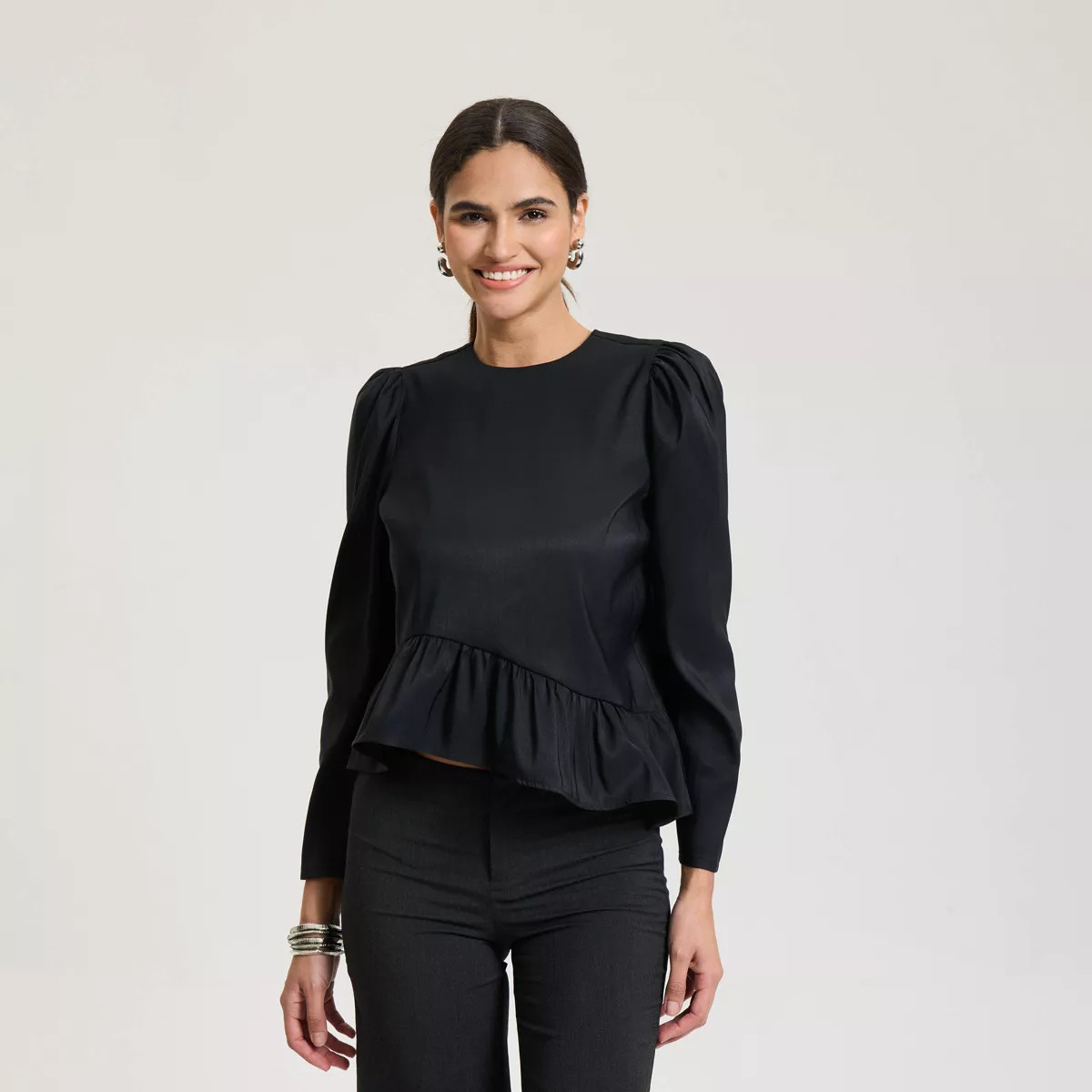 Women's Puff Sleeve Peplum Top - A New Day™ Black XS | Target