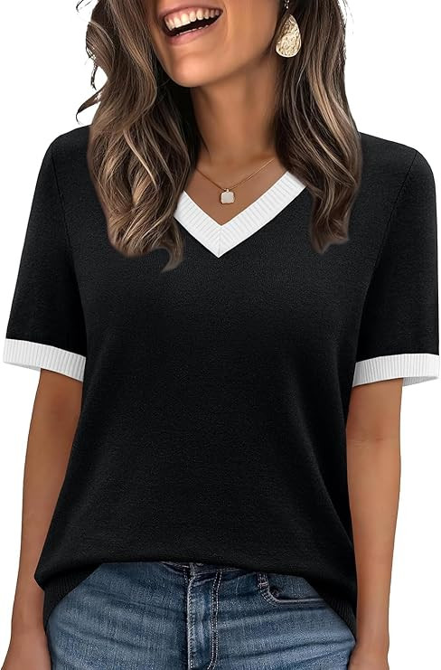 WIHOLL Short Sleeve Sweater for Women V Neck Spring Summer Tops 2026 Work Business Casual Outfits... | Amazon (US)