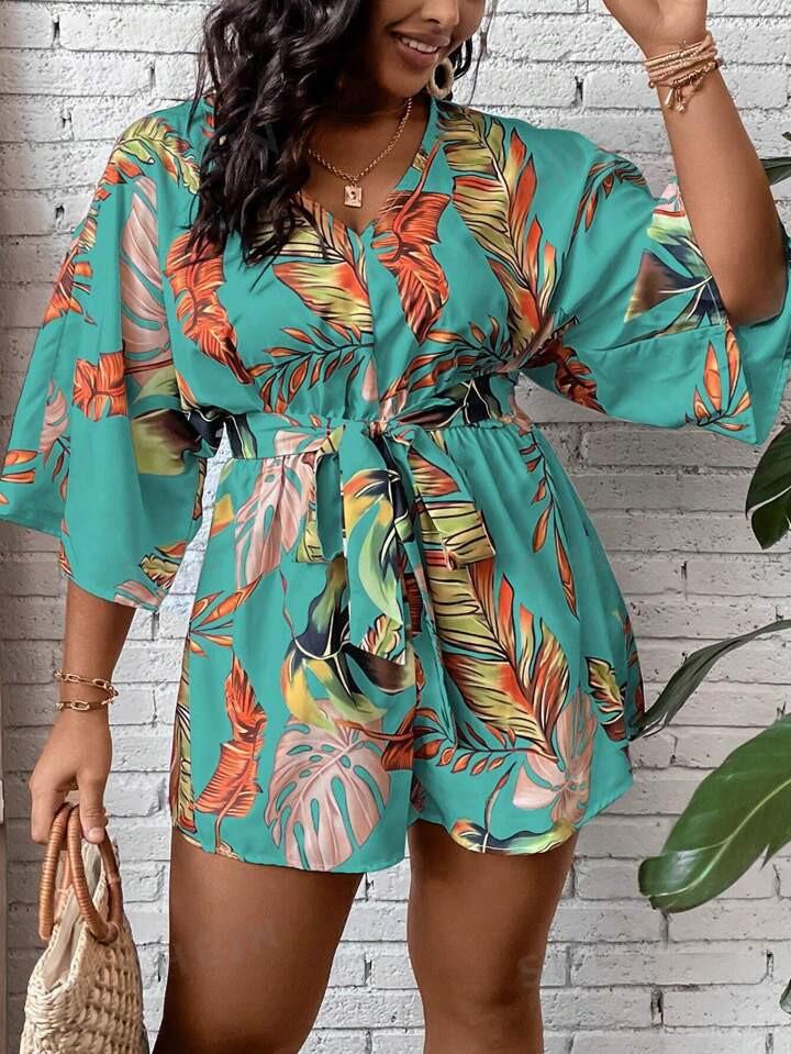 SHEIN VCAY Plus Tropical Print Belted Romper | SHEIN