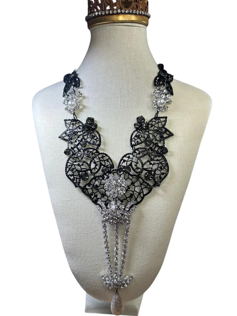 Top Tier Only | Collectible Vintage Black Filigree Statement Necklace | Crystal Rhinestone Drop P... | Etsy (Global)