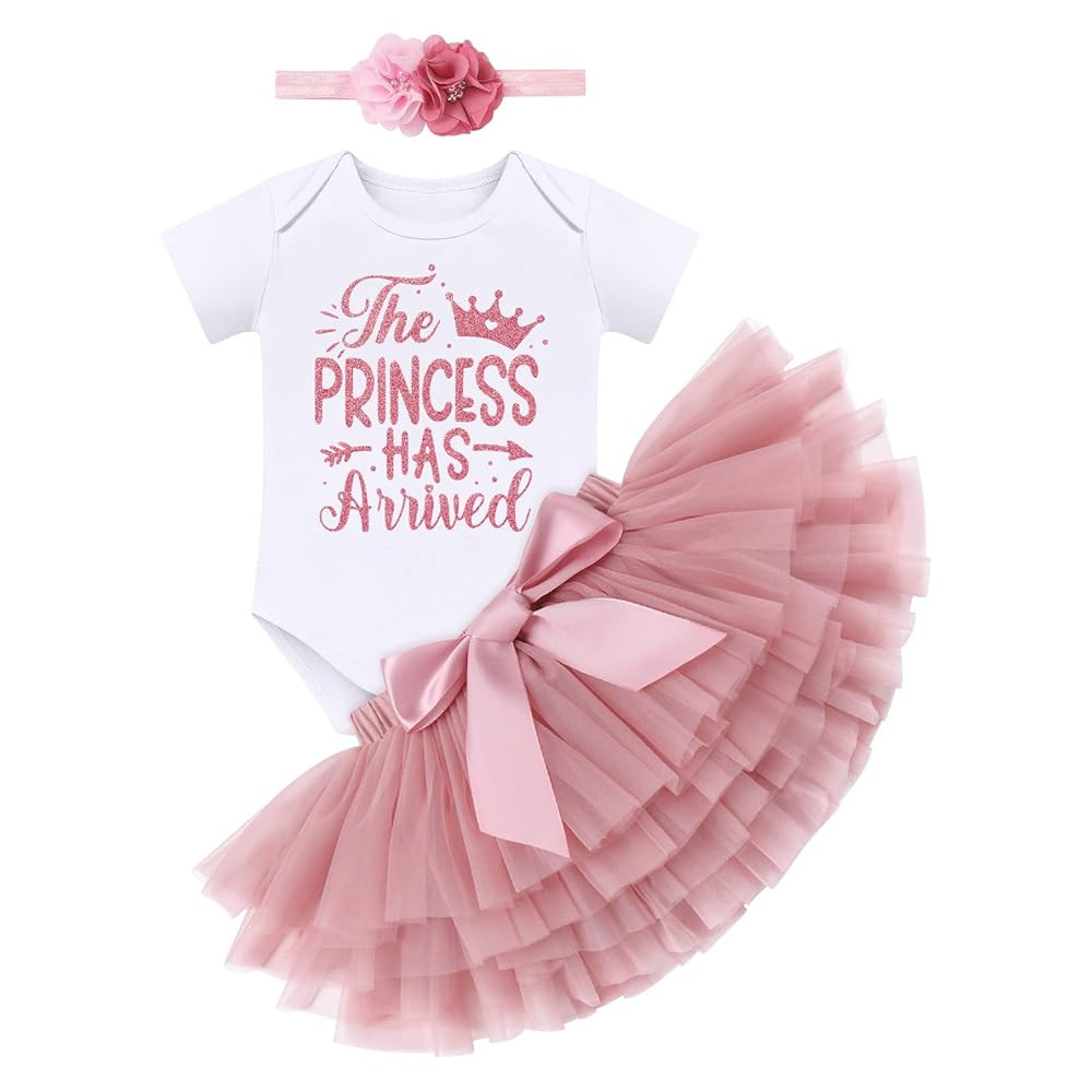 Newborn Baby Girls Coming Home Outfit Princess Romper + Tutu Skirt + Flower Headband Shiny Clothe... | Amazon (US)