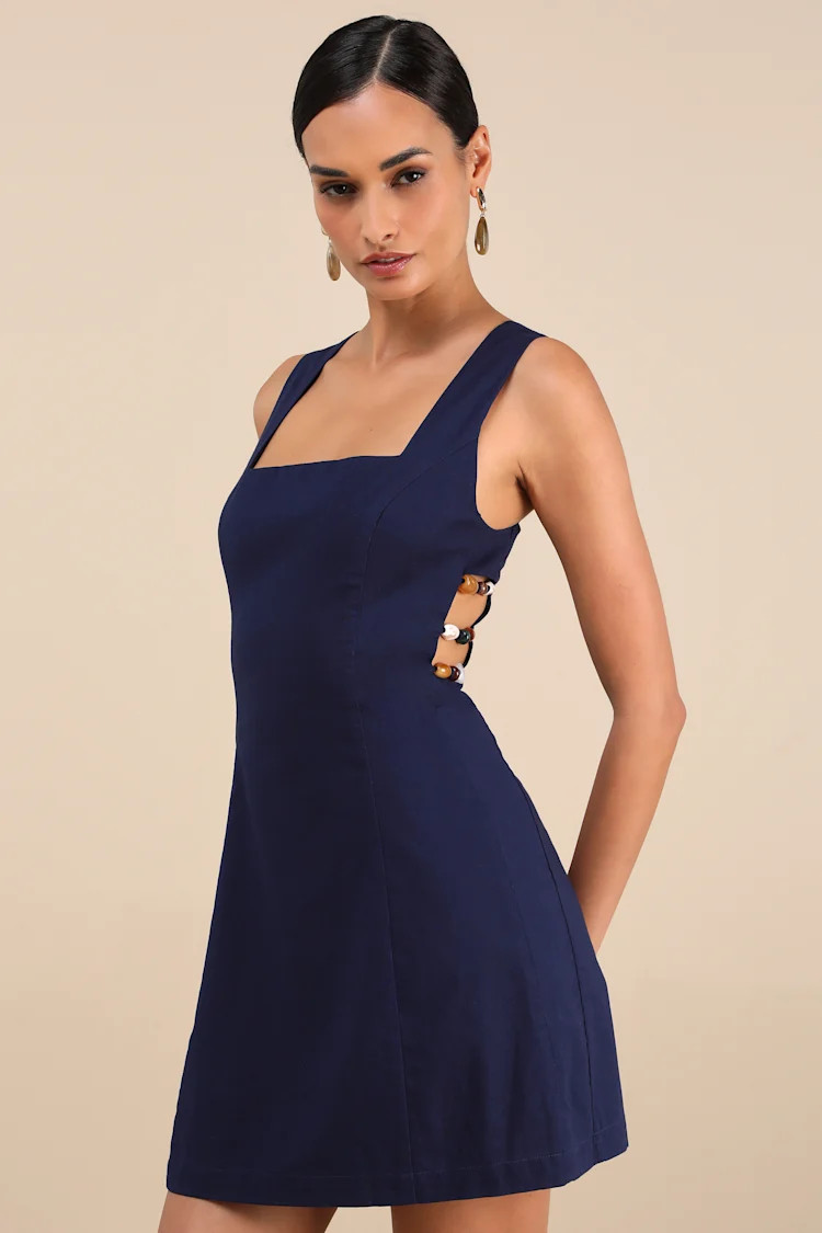 Pollie Navy Beaded Linen Sleeveless Mini Dress | Lulus