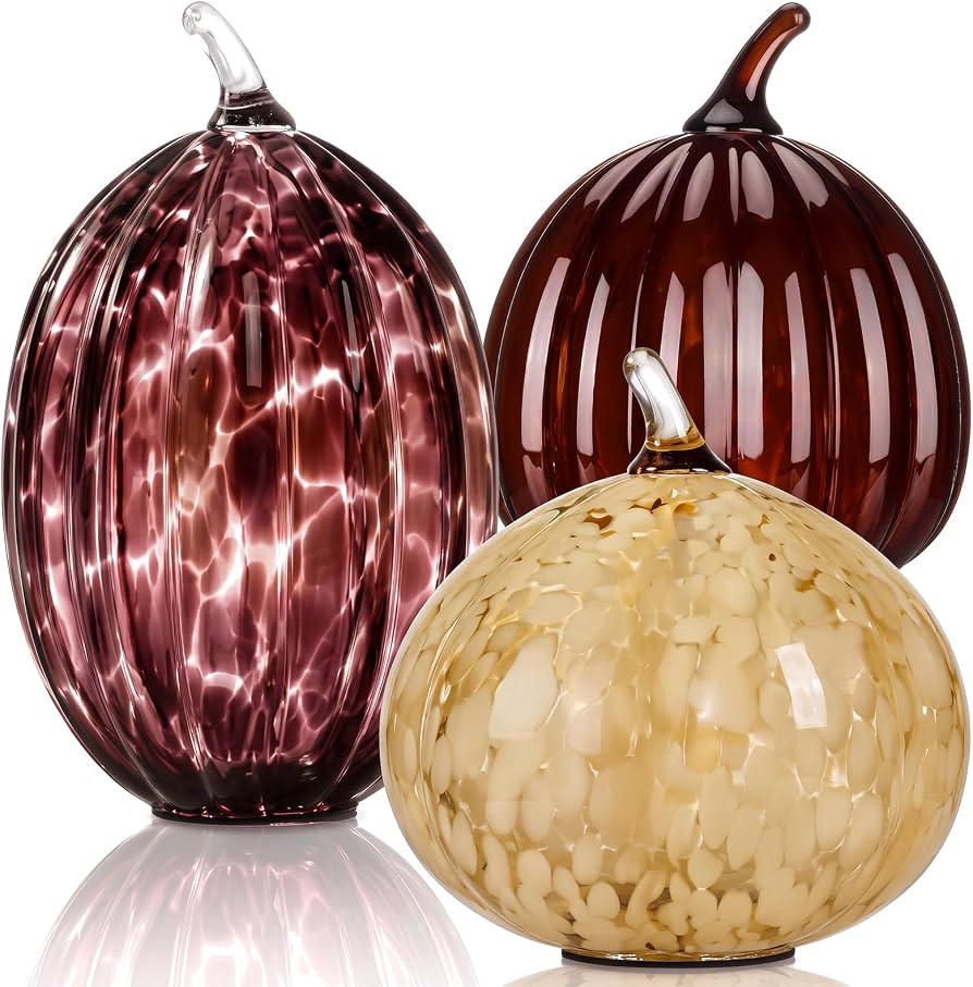 Leinuosen 3 Pcs Hand Blown Glass Pumpkin Decor Fall Harvest Thanksgiving     Amber Dots Glass Pum... | Amazon (US)