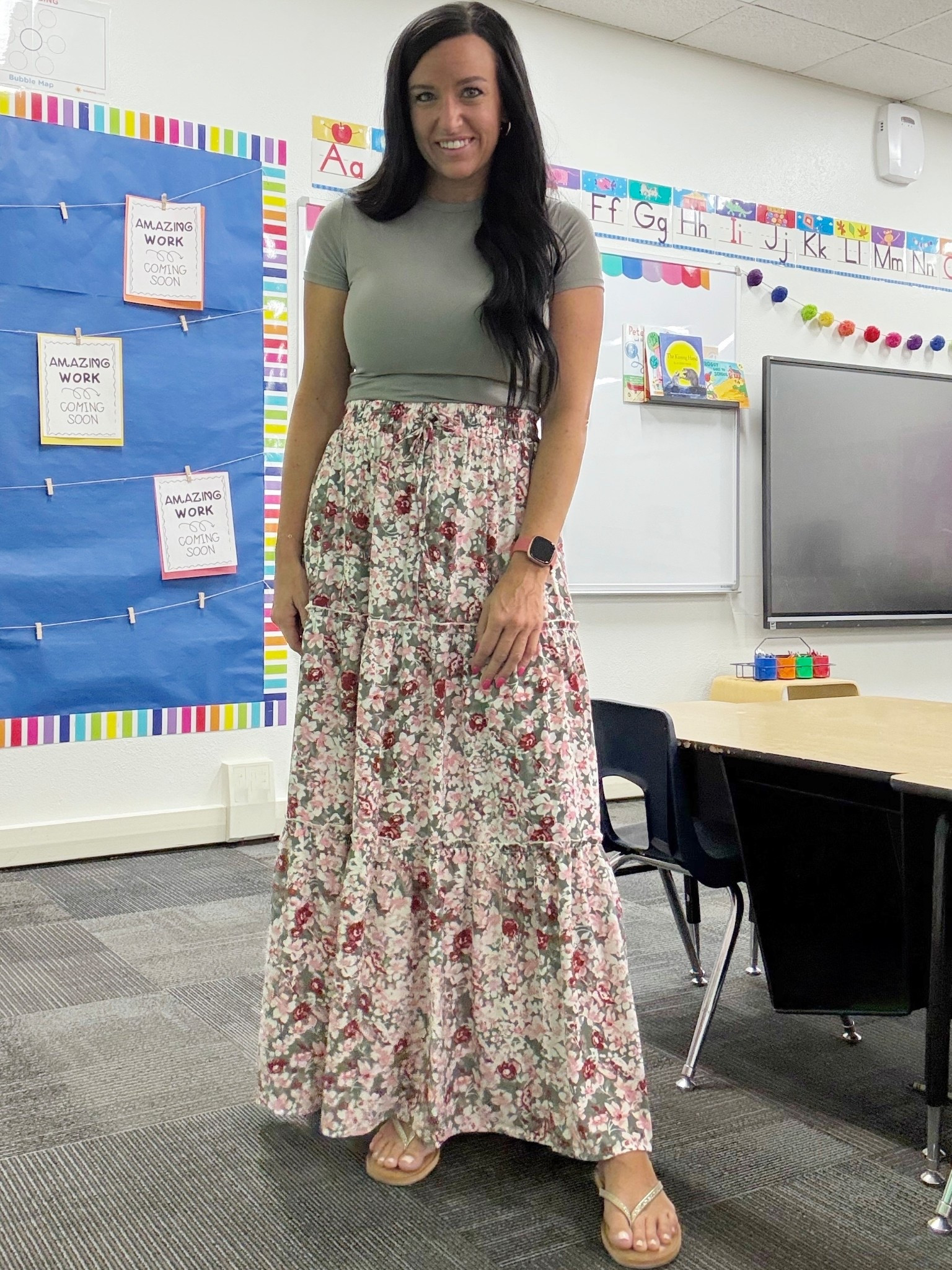 Teacher outfit of the day in August for back to school!

Size / fit info:
My long maxi skirt is lightweight and flowy. I sized up to a M for a looser fit in the waist. My color is “white floral.” You will need a slip underneath.
The double-lined tshirt is a nice gray color. I sized up to a M so it wasn’t so tight for work.

#LTKSeasonal #LTKWorkwear #LTKSaleAlert