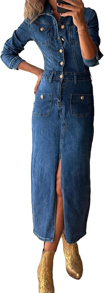 Conshvi Denim Dress for Women Trendy Long Sleeve Button Down Denim Maxi Dress 2025 Fall Bodycon S... | Amazon (US)