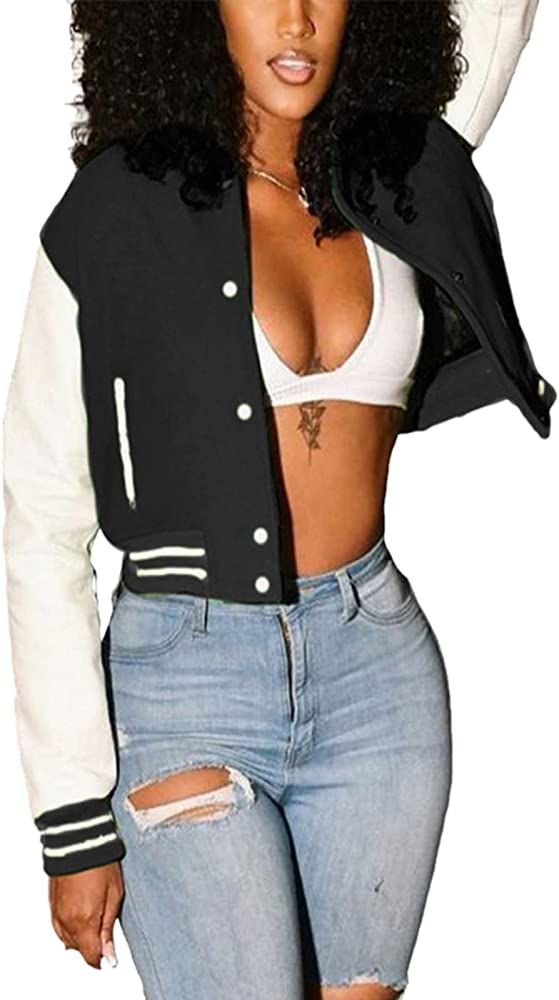 KOOBETON Women Long Sleeve Varsity Baseball Crop Jacket Bomber Coat Streetwear | Amazon (US)