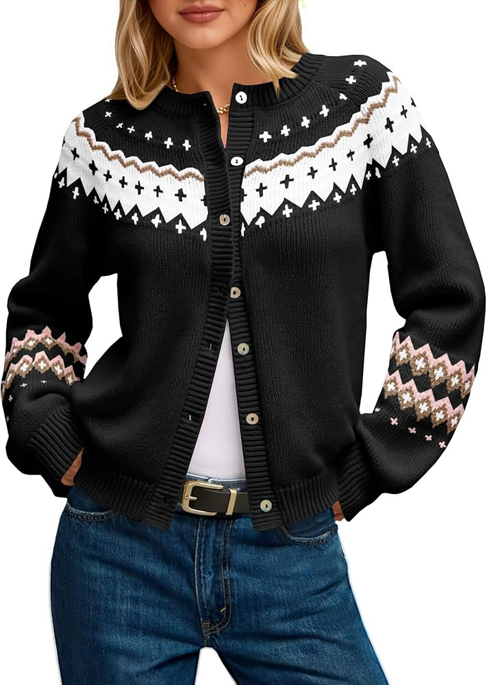 Saodimallsu Womens Fair Isle Sweater Button Up Long Sleeve Cardigans Crew Neck Open Front Knit Vi... | Amazon (US)