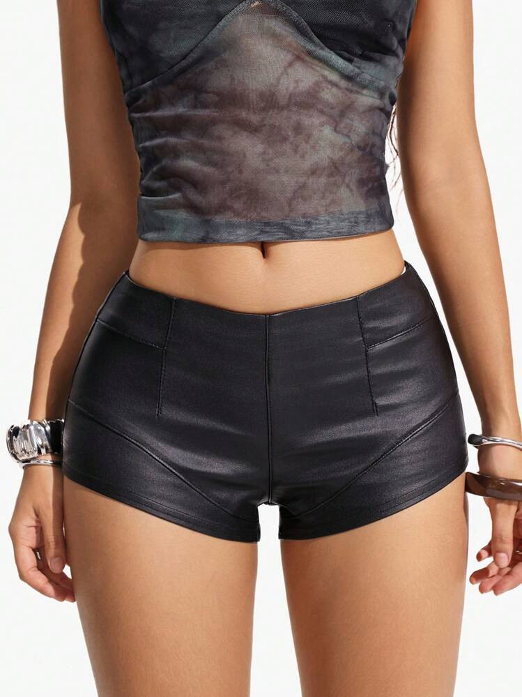 Jeanoix Women Solid Color PU Leather Skinny Shorts Y2k Black Leather Shorts Y2k | SHEIN