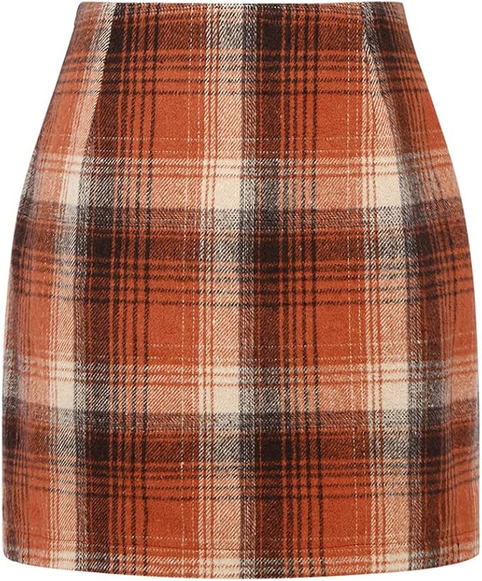 Kinghua Womens Wool Plaid Mini Skirt Fall Winter High Waisted Bodycon Pencil Skirt | Amazon (US)