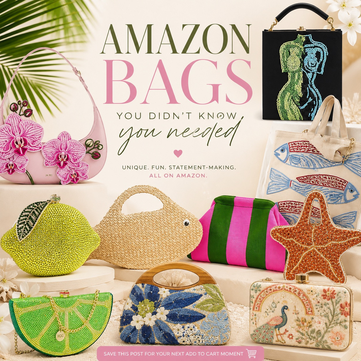 Amazon bags you didn’t know you needed. 🤍
These fun, statement bags are guaranteed to turn heads and add so much personality to any outfit. The best part? They’re all from Amazon and look far more expensive than they are.

Which one are you adding to your cart first? 🛍️✨

#LTKTravel #LTKootd #LTKSeasonal
