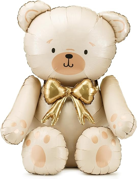 Giant Teddy Bear Foil Balloon PartyDeco 29.5x33 Inch – Cute Cream Bear Balloons with Gold Bow f... | Amazon (US)