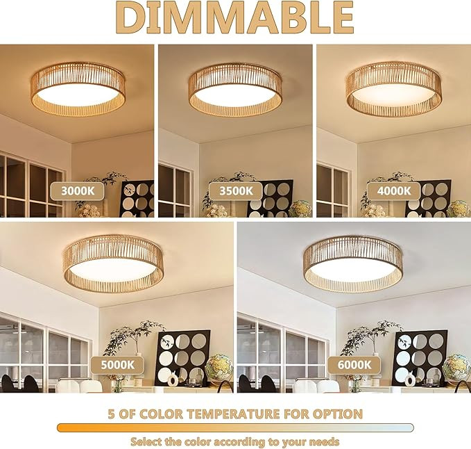 Rattan Overhead Light Fixture, 24W 16.9inch LED Dimmable Handwoven Boho Light Fixture 5CCT 3000K-... | Amazon (US)