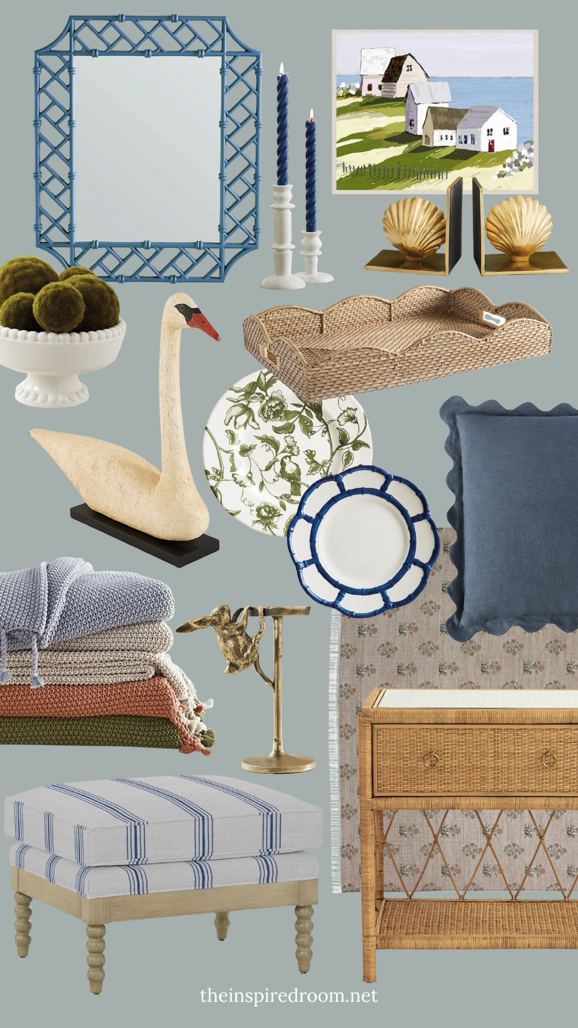 Pretty decor finds on sale for Presidents’ Day - bamboo rattan mirror, spiral taper candles, seaside art, shell bookends, moss balls, throw blanket, scalloped tray, swan, spindle leg ottoman (fabric options), nightstand, bunny candleholder, block print rug, sham, dishes 

#LTKSaleAlert #LTKHome #LTKSeasonal