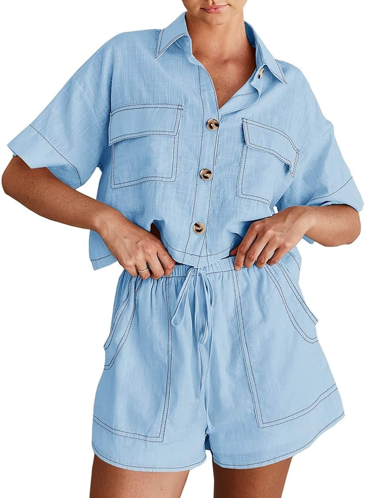 Imily Bela Women's 2 Piece Outfits Sets Summer Button Down Shirts and Shorts Pajama Sets Casual L... | Amazon (US)