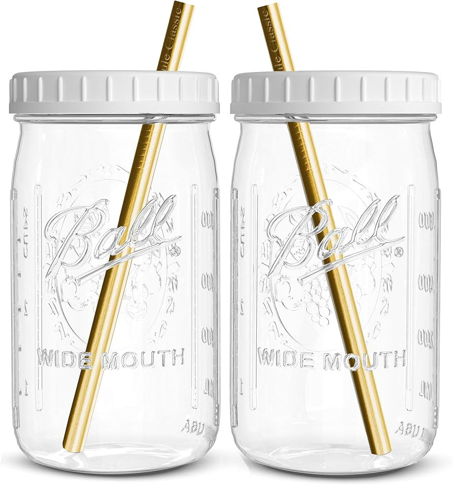 Reusable Wide Mouth Smoothie Cups Boba Tea Cups Bubble Tea Cups with Lids and Gold Straws Mason J... | Amazon (US)
