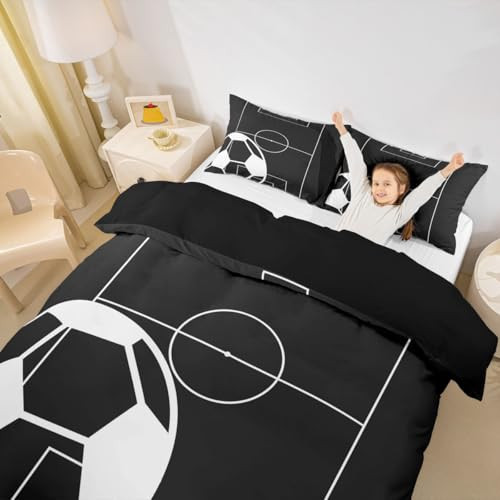 Football Field Print Duvet Cover Set Twin Size,Ball Sports Games Themed Comforter Cover for Kids Boys Bedroom Gift,Black White Football Goal Sporting Equipment Bedding Set with 1 Pillowcase, Polyester | Amazon (US)