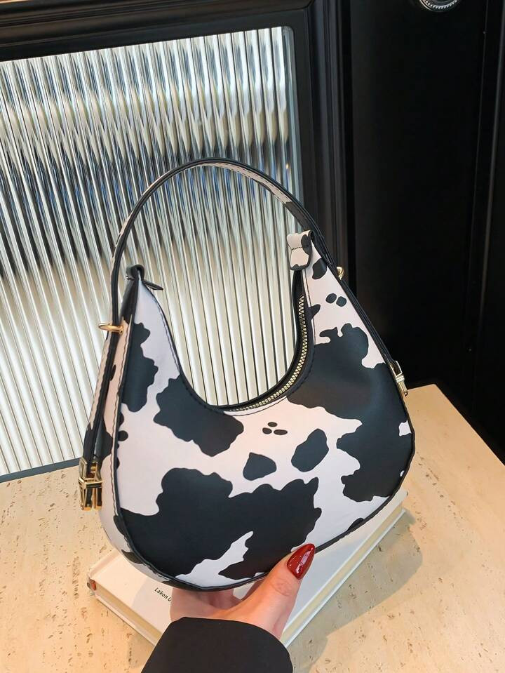 Fashionable Summer New Arrival Crescent-Shaped Handbag, Black & White Contrast Color, Cow Print, ... | SHEIN