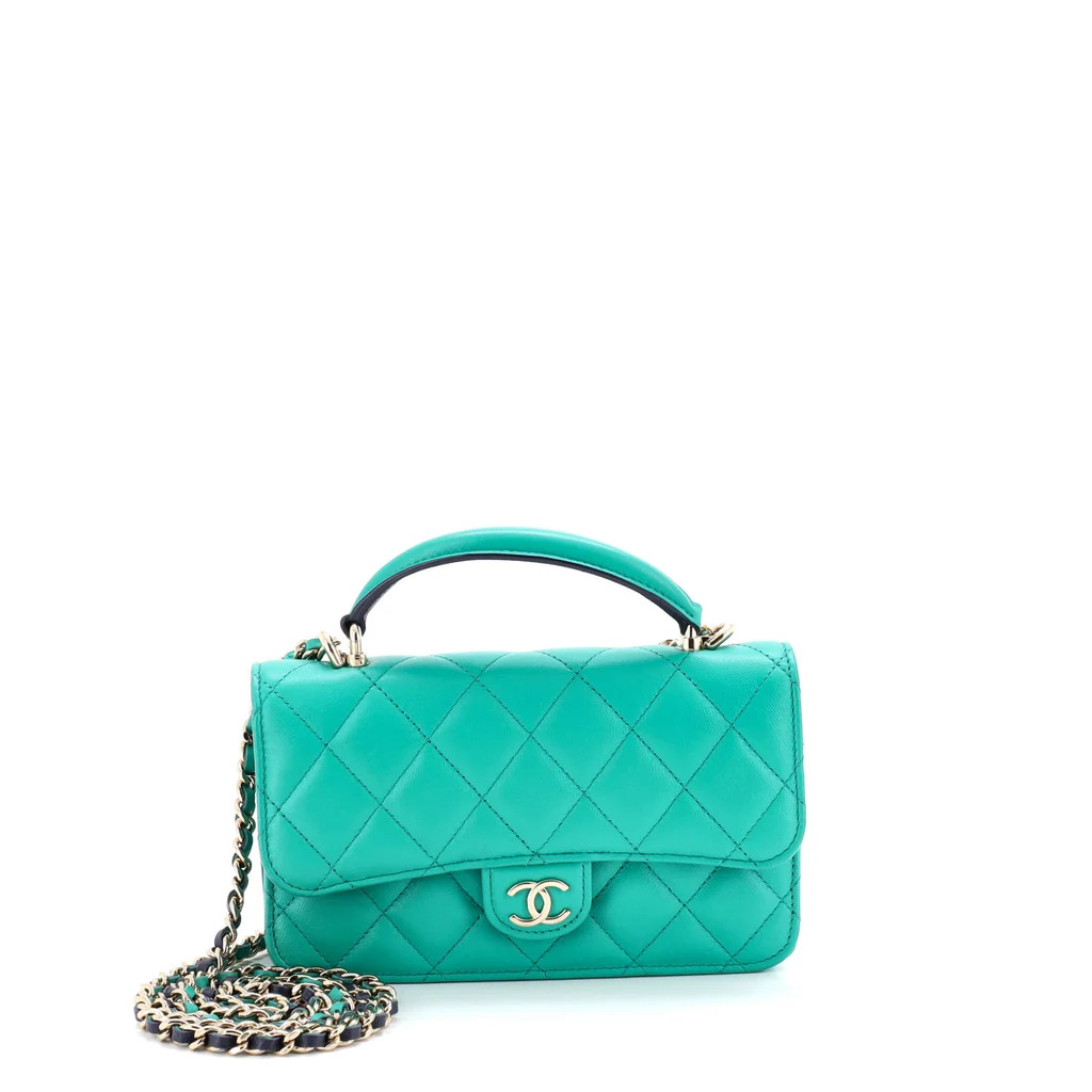 Chanel Classic Top Handle Flap Phone Holder with Chain Quilted Lambskin Blue 3925084 | Rebag