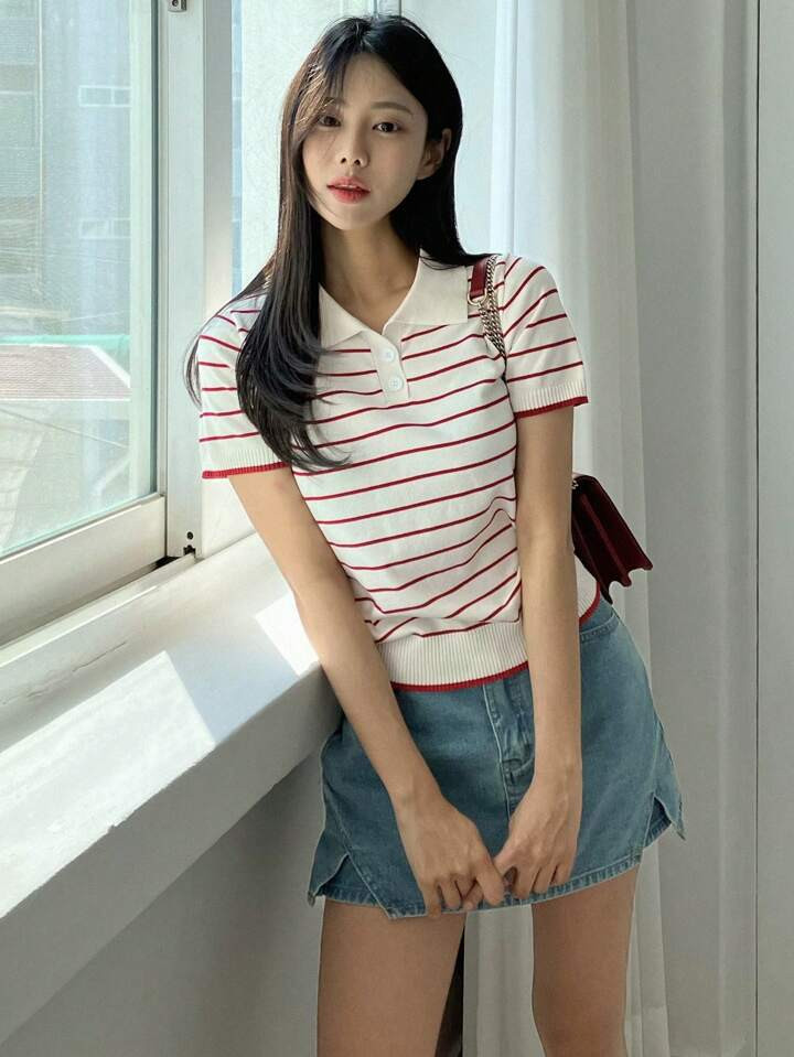 DAZY Business Casual Contrast Color Stripe Short Sleeve Knit Top | SHEIN