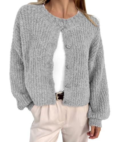 BTFBM Cardigan Sweaters for Women Fall 2025 Long Sleeve Button Down Soft Loose Chunky Knit Outwear Cropped Winter Coats(Grey, Medium) | Amazon (US)