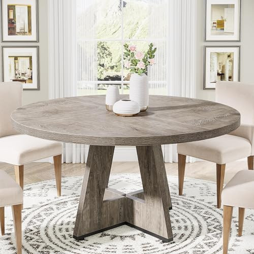 Tribesigns Farmhouse Dining Table for 4 People, 47 Inch Round Wood Dining Table, Retro Grey Kitchen Dining Table with Heavy Duty Legs for Dining Room, Kitchen (Chairs Not Included) | Amazon (US)