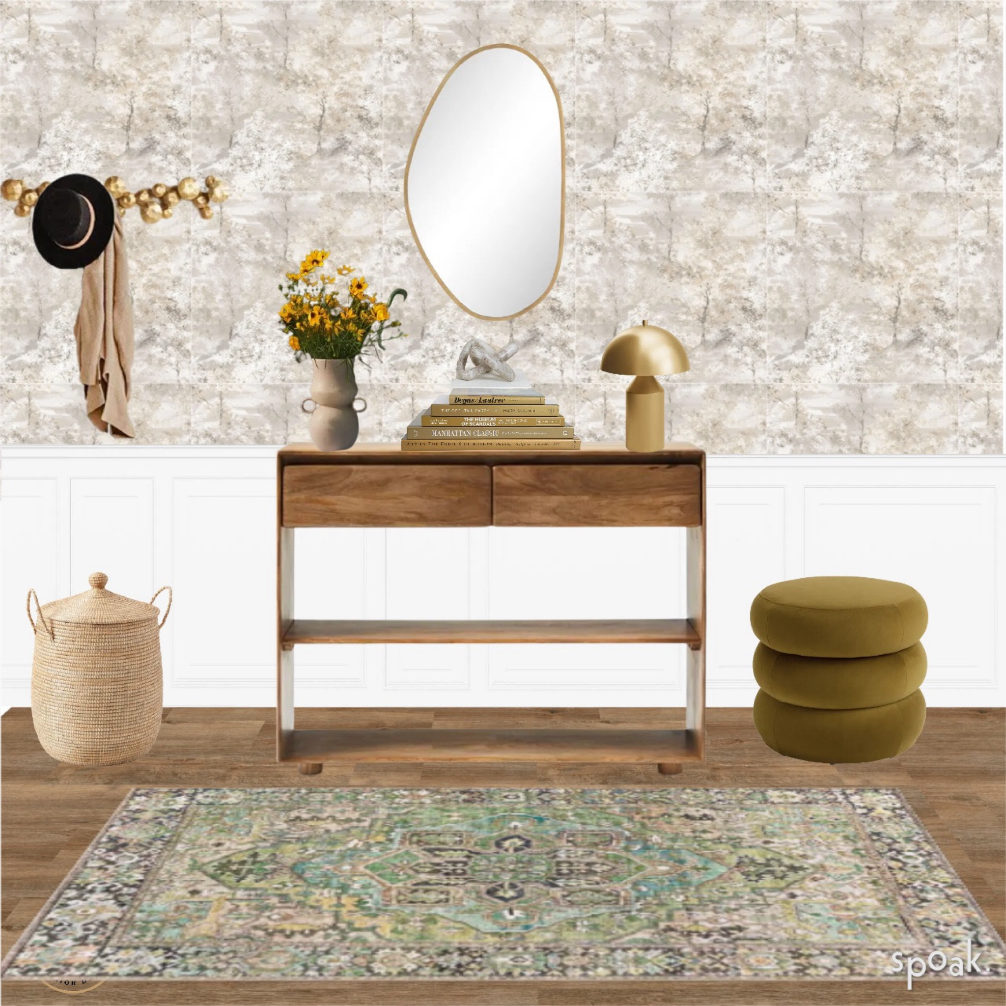 Beautiful entryway moodboard/design, forest wallpaper, console table, velvet storage ottoman, oriental rug, gold mirror, organic vase, storage basket, mushroom table lamp. 

#LTKSummerSales #LTKSeasonal #LTKHome